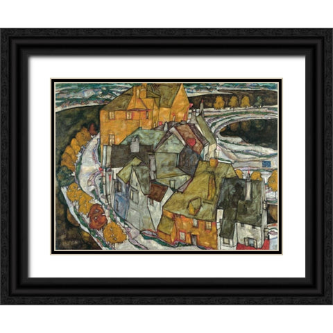 Crescent of Houses II Island Town Black Ornate Wood Framed Art Print with Double Matting by Schiele, Egon