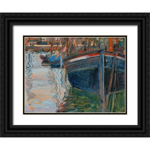 Boats mirrored in the Water Black Ornate Wood Framed Art Print with Double Matting by Schiele , Egon