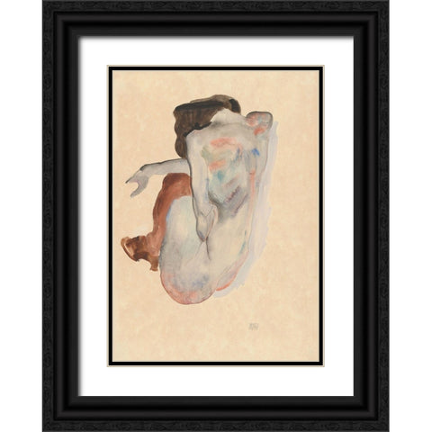 Crouching Nude in Shoes and Black Stockings-Back View Black Ornate Wood Framed Art Print with Double Matting by Schiele, Egon