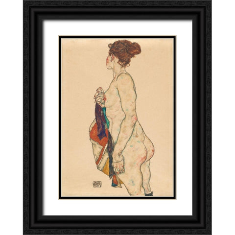 Standing Nude with a Patterned Robe Black Ornate Wood Framed Art Print with Double Matting by Schiele, Egon