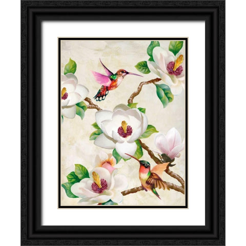 Magnolia and Humming Birds Black Ornate Wood Framed Art Print with Double Matting by Wang, Terry
