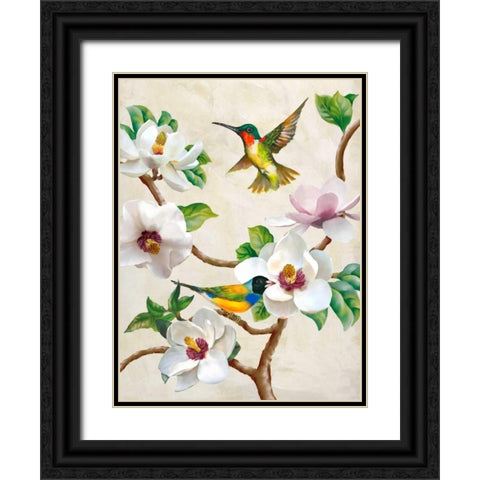 Magnolia and Birds Black Ornate Wood Framed Art Print with Double Matting by Wang, Terry