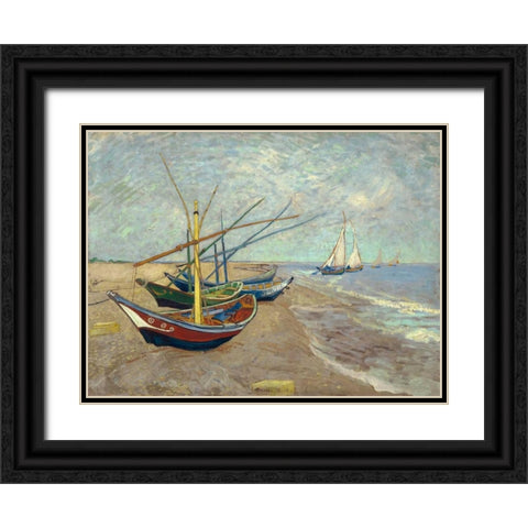 Fishing Boats on the Beach at Les Saintes-Maries-de-la-Mer Black Ornate Wood Framed Art Print with Double Matting by Van Gogh, Vincent