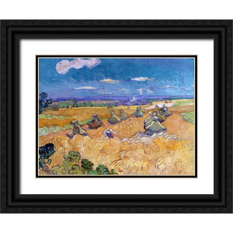 Wheat Fields with Reaper Auvers Black Ornate Wood Framed Art Print with Double Matting by Van Gogh, Vincent