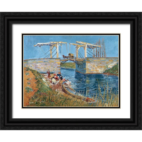 Langlois Bridge with women washing Black Ornate Wood Framed Art Print with Double Matting by van Gogh, Vincent