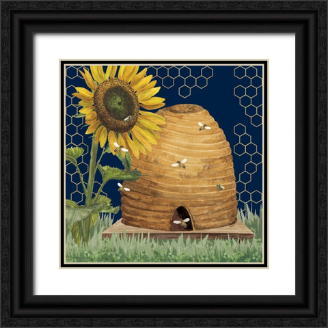 Honey Bees And Flowers Please on blue VIII Black Ornate Wood Framed Art Print with Double Matting by Reed, Tara
