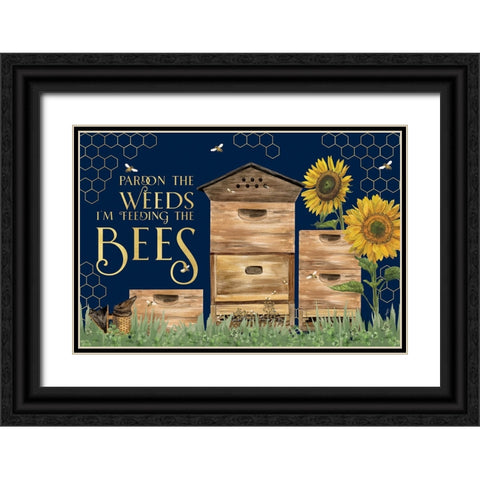 Honey Bees And Flowers Please landscape on blue I-Pardon the Weeds Black Ornate Wood Framed Art Print with Double Matting by Reed, Tara