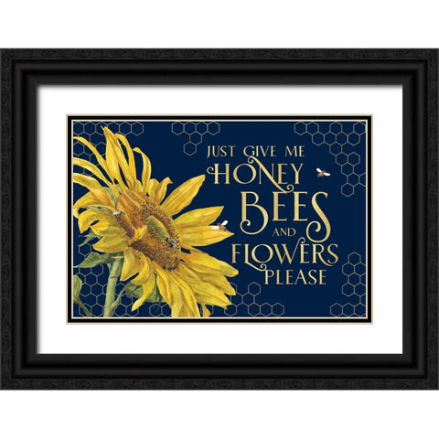 Honey Bees And Flowers Please landscape on blue III-Give me Honey Bees Black Ornate Wood Framed Art Print with Double Matting by Reed, Tara