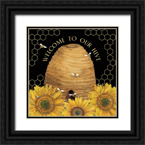 Honey Bees And Flowers Please on black III-Welcome Black Ornate Wood Framed Art Print with Double Matting by Reed, Tara
