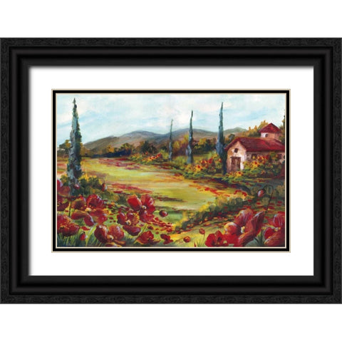 Tuscan Poppy Landscape  Black Ornate Wood Framed Art Print with Double Matting by Tre Sorelle Studios