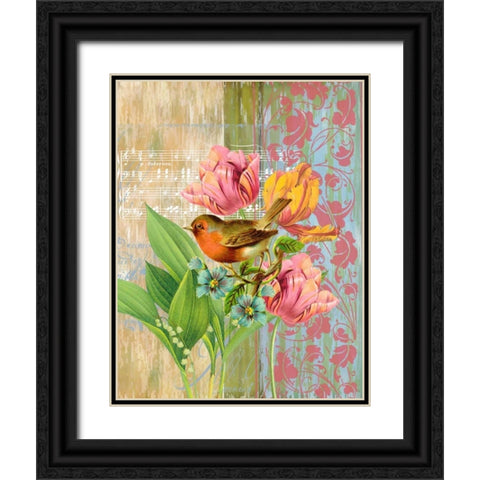 Robin and Tulips Black Ornate Wood Framed Art Print with Double Matting by Robertson, Walter