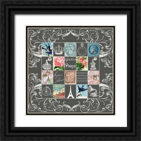 Paris Stamps Blue Black Ornate Wood Framed Art Print with Double Matting by De Lauzun, Marion