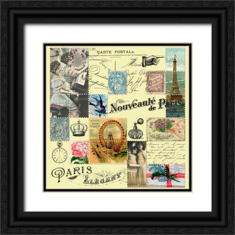 French Stamps Yellow Black Ornate Wood Framed Art Print with Double Matting by De Lauzun, Marion