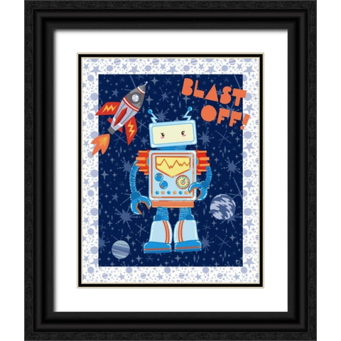 Blast Off Robot Black Ornate Wood Framed Art Print with Double Matting by Skapriwsky, Christina