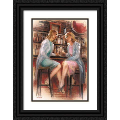 Bar conversations II Black Ornate Wood Framed Art Print with Double Matting by Denis, E