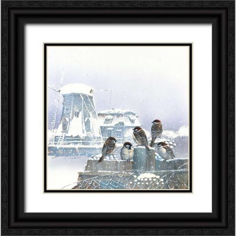 Birdies and windmill Black Ornate Wood Framed Art Print with Double Matting by Weenink, Jan