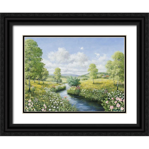 Serenity by the stream Black Ornate Wood Framed Art Print with Double Matting by Motz, Peter