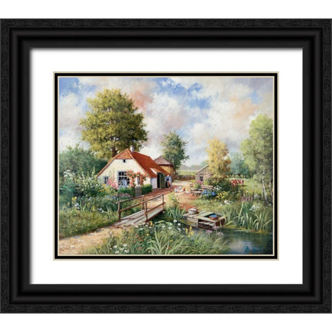 Cottage farm Black Ornate Wood Framed Art Print with Double Matting by Motz, Peter