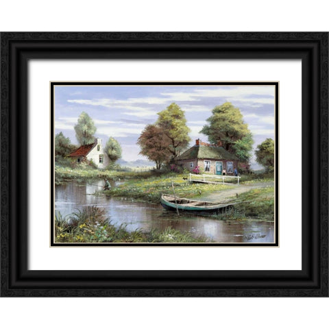 Fishing at the waterside Black Ornate Wood Framed Art Print with Double Matting by Withaar, Reint