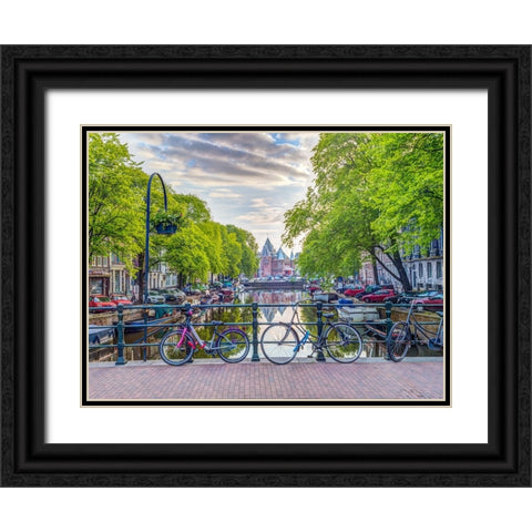 Bicycles parked along the canal, Amsterdam Black Ornate Wood Framed Art Print with Double Matting by Frank, Assaf