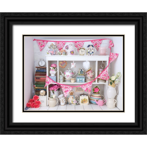 Vintage tea pots, cups , clocks with bunting Black Ornate Wood Framed Art Print with Double Matting by Frank, Assaf