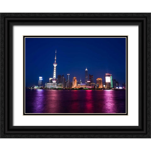 AF20050506 Shanghai Skyline Night 001C05 Black Ornate Wood Framed Art Print with Double Matting by Frank, Assaf