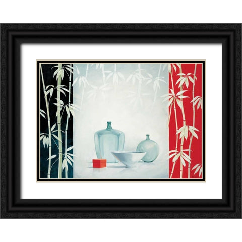 Bamboo and bowls I Black Ornate Wood Framed Art Print with Double Matting by Renee