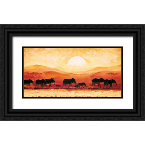 Elephants in sunset Black Ornate Wood Framed Art Print with Double Matting by Renee