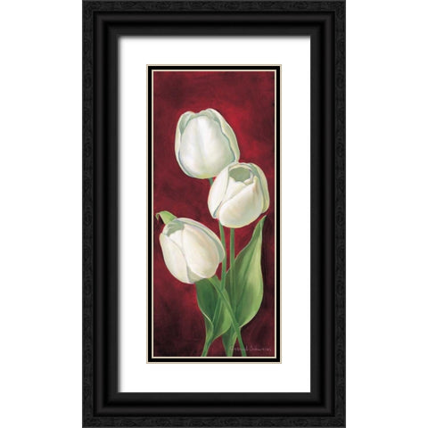 Tulips on burdundy I Black Ornate Wood Framed Art Print with Double Matting by Schweser, Gertrud