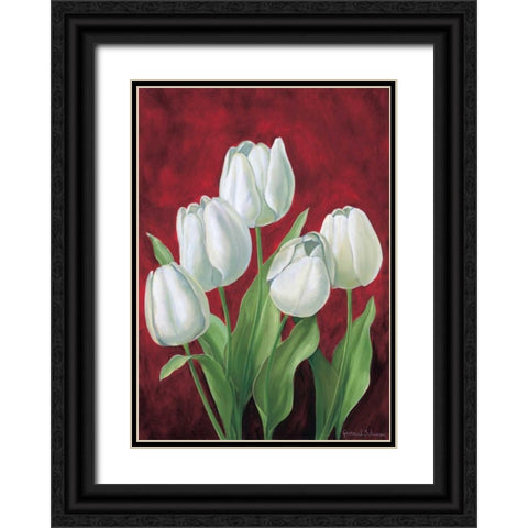 Tulips on burdundy II Black Ornate Wood Framed Art Print with Double Matting by Schweser, Gertrud