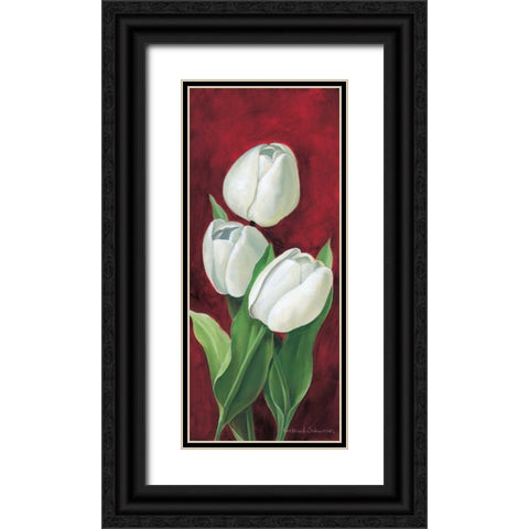Tulips on burdundy III Black Ornate Wood Framed Art Print with Double Matting by Schweser, Gertrud