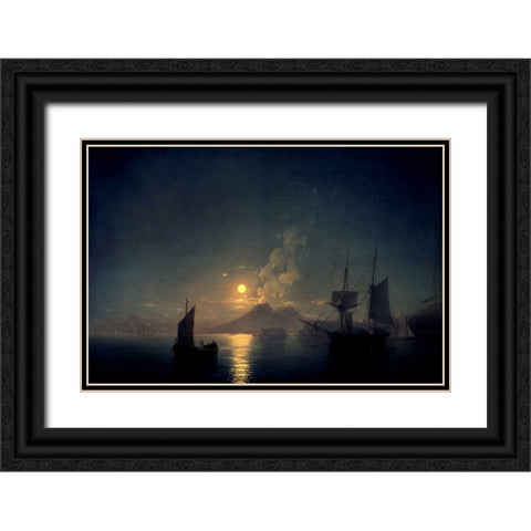 The Bay of Naples by Moonlight, 1842 Black Ornate Wood Framed Art Print with Double Matting by Aywasovsky, Ivan