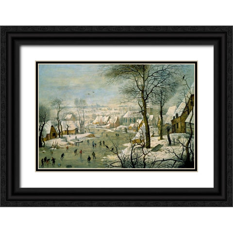 A Winter Landscape with Skaters and a Bird Trap Black Ornate Wood Framed Art Print with Double Matting by Bruegel, Pieter the Younger