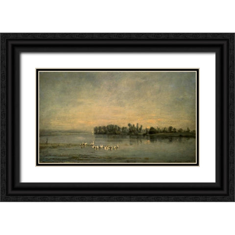 Le Marais de Canards Black Ornate Wood Framed Art Print with Double Matting by Daubigny, Charles Francois