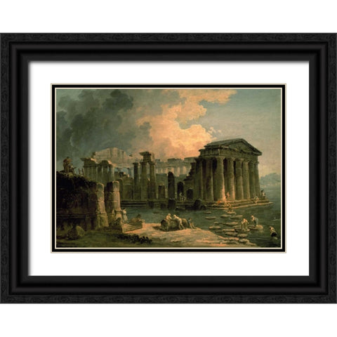 Ruins of a Doric Temple Black Ornate Wood Framed Art Print with Double Matting by Robert, Hubert