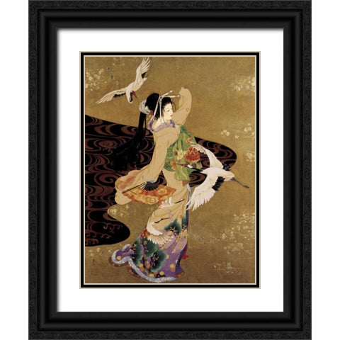 Dance of the Cranes Black Ornate Wood Framed Art Print with Double Matting by Morita, Haruyo
