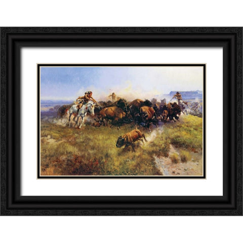 The Buffalo Hunt Black Ornate Wood Framed Art Print with Double Matting by Russell, Charles M.