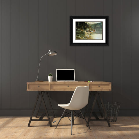 On The Flathead Black Ornate Wood Framed Art Print with Double Matting by Russell, Charles M.
