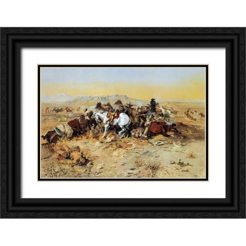 A Desperate Stand Black Ornate Wood Framed Art Print with Double Matting by Russell, Charles M.