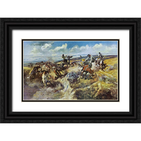 A Tight Dally and a Loose Latigo Black Ornate Wood Framed Art Print with Double Matting by Russell, Charles M.