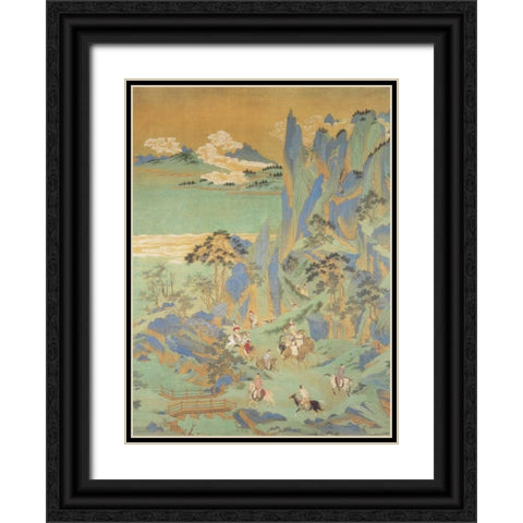 Travellers In The Mountains Of Shu Black Ornate Wood Framed Art Print with Double Matting by Anonymous