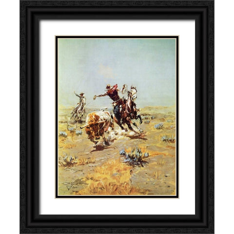 Cowboy Roping A steer Black Ornate Wood Framed Art Print with Double Matting by Russell, Charles M.