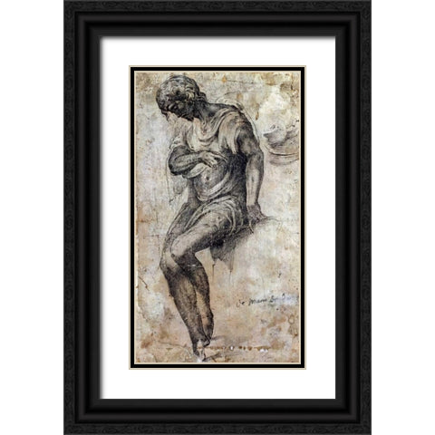 A Man Seated on a Ledge Black Ornate Wood Framed Art Print with Double Matting by Berruguete, Alonso