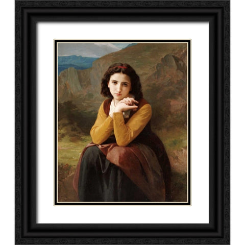 Reflective Beauty. Mignon Pensive Black Ornate Wood Framed Art Print with Double Matting by Bouguereau, William-Adolphe