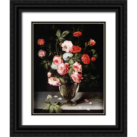 Roses and Carnations In a Glass Vase On a Stone Ledge Black Ornate Wood Framed Art Print with Double Matting by Brueghel, Ambrosius
