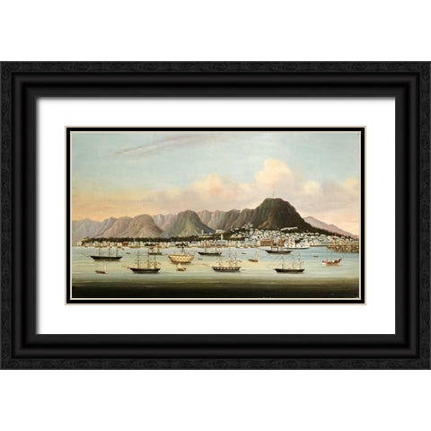 A View of Victoria, Hong Kong, With The Hulk H.M.S Princess Charlotte Black Ornate Wood Framed Art Print with Double Matting by Chinese School