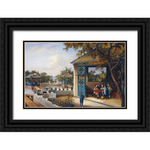 Chinese Ladies Playing Mahjong In The Pavilion of a House Black Ornate Wood Framed Art Print with Double Matting by Chinese School