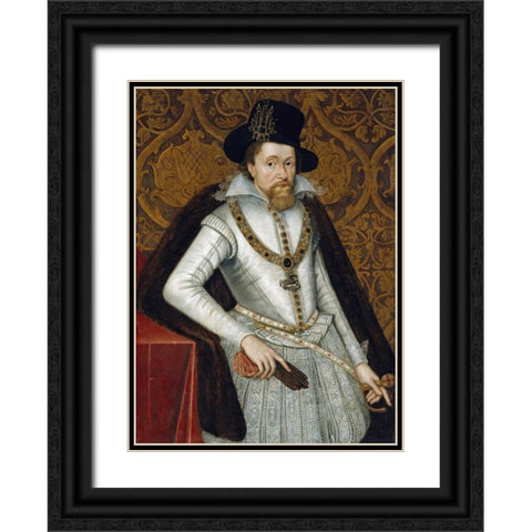 Portrait of King James VI of Scotland, James I of England Black Ornate Wood Framed Art Print with Double Matting by De Critz, John
