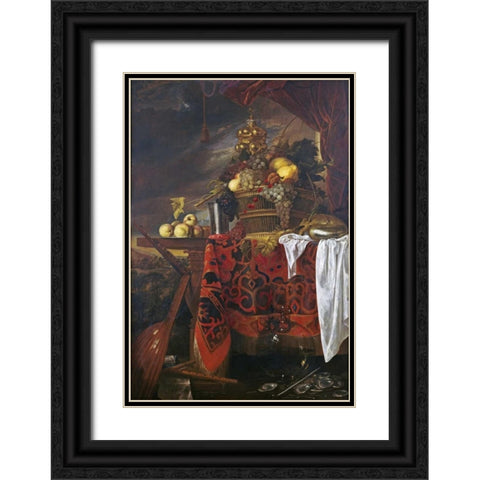 A Basket of Mixed Fruit With Gilt Cup Black Ornate Wood Framed Art Print with Double Matting by De Heem, Jan Davidsz
