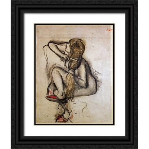 Woman Combing Her Hair Black Ornate Wood Framed Art Print with Double Matting by Degas, Edgar